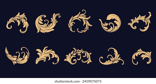 Set of gold Vintage flourish Baroque Victorian frame border flower pattern. Elegant vector floral engraved scroll ornament leaf retro decorative design shield swirl filigree calligraphic heraldic