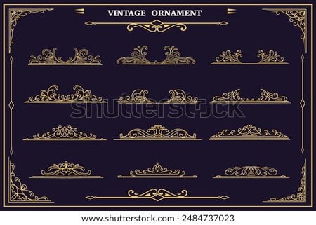 Set of gold vintage frame, borders, swirls, baroque, filigree and dividers icon. Luxury and elegant classic ornaments.