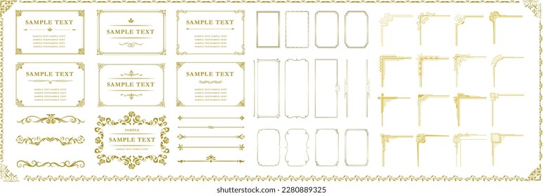 Set of gold vintage frame, corner isolated background. Vector medieval border illustration.