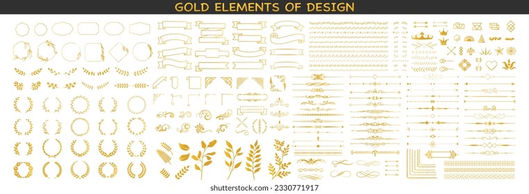 Set of gold vintage frame and corners icon. Vector set of vintage styled calligraphic elements or flourishes. Vector illustration