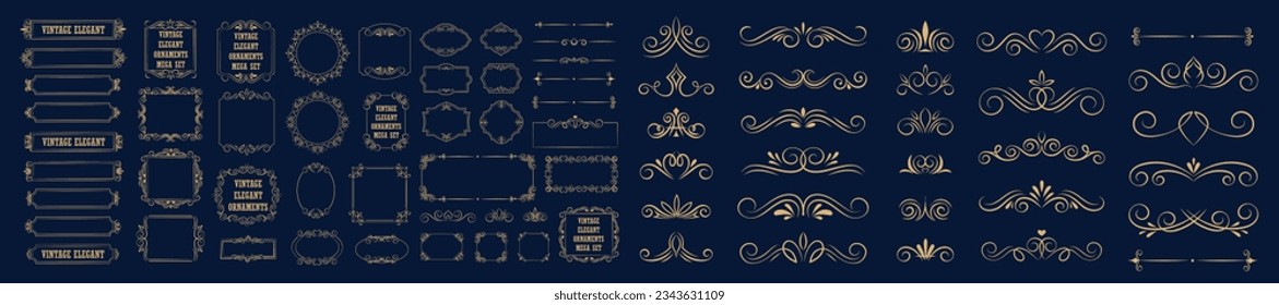 Set of gold vintage frame and corners icon. Vector illustration.