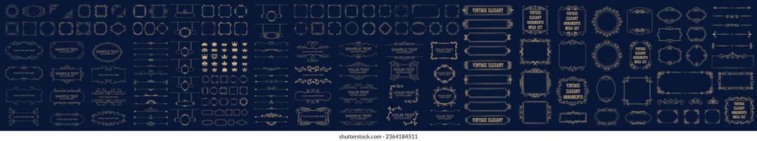 Set of gold vintage frame and corners icon. Vector illustration.