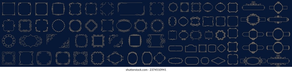 Set of gold vintage frame and corners icon. Vector illustration.