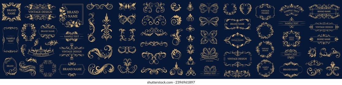 Set of gold vintage frame and corners icon. Vector illustration.