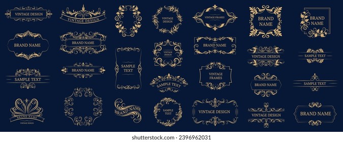 Set of gold vintage frame and corners icon. Vector illustration.