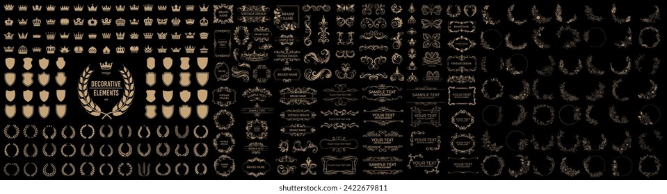 Set of gold vintage frame and corners icon. Vector illustration.