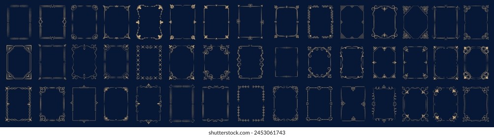 Set of gold vintage frame and corners icon. Vector illustration.