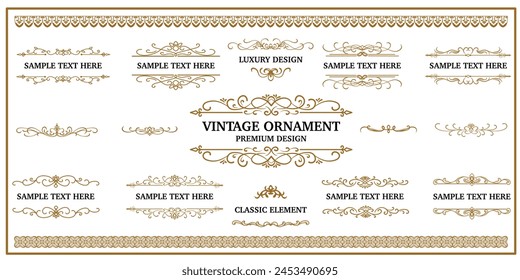 Set of gold vintage frames and borders, decorative ornament, arabesque, baroque, fancy, filigree. Victorian Vector antique illustration isolated on transparent background.
