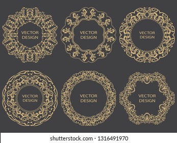 Set of gold vintage frames. Circular baroque ornament. Decorative element of design of the menu, invitations, cards. Vector graphics.