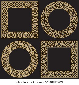 Set of gold vintage frames. Circular baroque ornament. Decorative element of design of the menu, invitations, cards. Vector graphics.