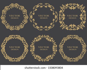 Set of gold vintage frames. Circular baroque ornament. Decorative element of design of the menu, invitations, cards. Vector graphics.