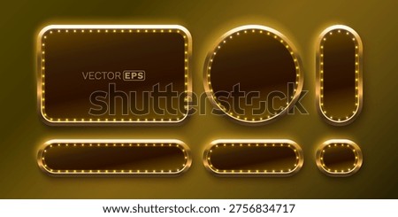 Set of gold vintage frames with glowing light bulbs. Realistic retro marquee signs for design. Vector illustration