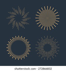 Set of gold vintage linear sunbursts. Vector illustration