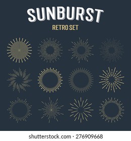 Set of gold vintage linear sunbursts. Vector illustration