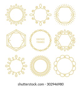 Set of gold vintage vector frames in linear style. Vector emblems, badges, hipster logo templates. Perfect for retro invitations and greeting cards