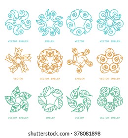 Set of gold vintage vector frames in linear style. Vector emblems, badges, hipster logo templates. Perfect for retro invitations and greeting cards