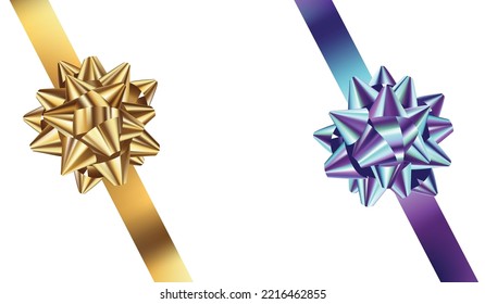 Set of gold and violet gift bows with ribbons. Vector illustration.