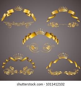 Set of gold vip monograms for graphic design on gray background. Elegant graceful frame, ribbon, filigree border, crown in vintage style for wedding invitations, card, logo, icon. Vector illustration.