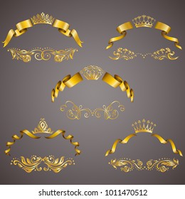 Set of gold vip monograms for graphic design on gray background. Elegant graceful frame, ribbon, filigree border, crown in vintage style for wedding invitations, card, logo, icon. Vector illustration.