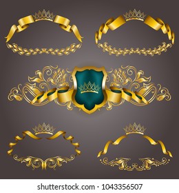 Set of gold vip monograms for graphic design on gray background. Elegant graceful frame, ribbon, filigree border, crown in vintage style for wedding invitations, card, logo, icon. Vector illustration.