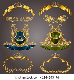 Set of gold vip monograms for graphic design on gray background. Elegant graceful frame, ribbon, filigree border, crown in vintage style for wedding invitations, card, logo, icon. Vector illustration.