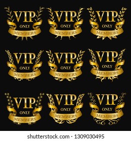 Set of gold vip monograms for graphic design on black background. Elegant graceful frame, filigree border, golden ribbons in vintage style for wedding card, invitation, logo, icon. Vector illustration