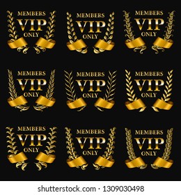 Set of gold vip monograms for graphic design on black background. Elegant graceful frame, filigree border, golden ribbons in vintage style for wedding card, invitation, logo, icon. Vector illustration