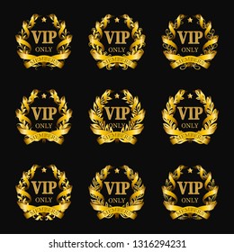 Set of gold vip monograms for graphic design on black background. Elegant graceful frame, filigree border, golden ribbons in vintage style for wedding card, invitation, logo, icon. Vector illustration