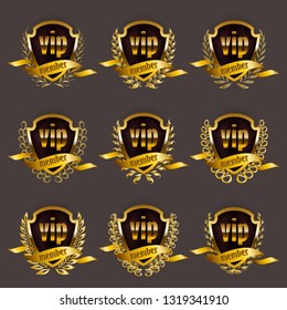 Set of gold vip monograms for graphic design on gray background.