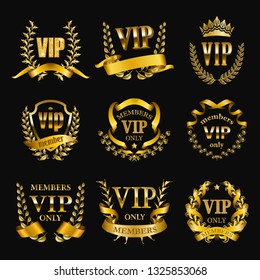 Set of gold vip monograms for graphic design on black background. Elegant graceful frame, filigree border, golden ribbons in retro style for wedding card, invitation, logo, icon. Vector illustration