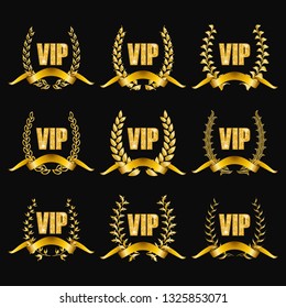 Set of gold vip monograms for graphic design on black background. Elegant graceful frame, filigree border, golden ribbons in vintage style for wedding card, invitation, logo, icon. Vector illustration