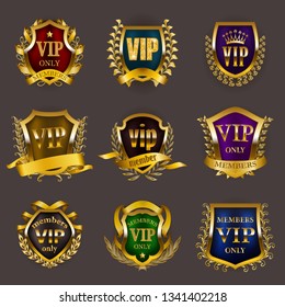 Set of gold vip monograms for graphic design on gray background. Elegant royal frame, filigree border, laurel wreath, shields in retro style for invitation, club card, logo, icon. Vector illustration
