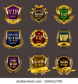 Set of gold vip monograms for graphic design on gray background. Elegant royal frame, filigree border, laurel wreath, ribbon in retro style for invitation, club card, logo, icon. Vector illustration
