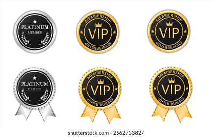 Set of gold vip monograms for graphic design on black background. Elegant graceful frame, filigree border, golden ribbons in retro style for wedding card,