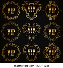 Set of gold vip monograms for graphic design on black background. Elegant graceful frame, filigree border, crown in vintage style for wedding invitations, card, logo, icon. Vector illustration EPS 10.