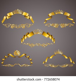 Set of gold vip monograms for graphic design on gray background. Elegant graceful frame, ribbon, filigree border, crown in vintage style for wedding invitations, card, logo, icon. Vector illustration.