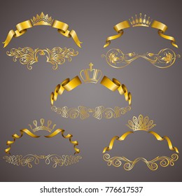 Set of gold vip monograms for graphic design on gray background. Elegant graceful frame, ribbon, filigree border, crown in vintage style for wedding invitations, card, logo, icon. Vector illustration.