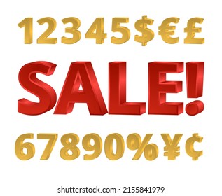 A set of gold volumetric numbers with a red inscription SALE. Vector illustration