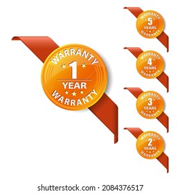 Set of gold warranty emblems with ribbons. Vector illustration.