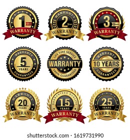 set of gold warranty year badges and labels