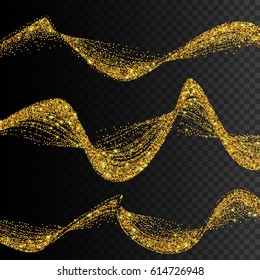 Set of gold waves. Gold glittering star dust trail sparkling particles. Vector illustration