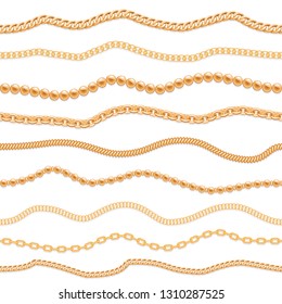 Set of gold wavy chains and ropes isolated on white. Seamless brushes for design. Can be used as seamless pattern.
