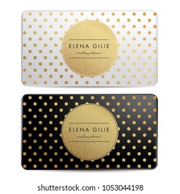 Set of gold and white business card template or gift cards. Texture of gold foil. Luxury vector illustration. Easy editable template. Space for text. Vector