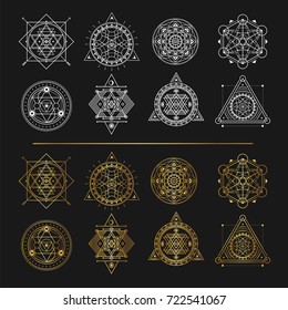 Set Of Gold And White Sacred Symbols On Black Background . Vector Elements .