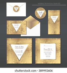 Set Of Gold And White Wedding Cards. Wedding Invitations, Envelope, Sticker. EPS 10 Vector Illustration With A Copyspace.