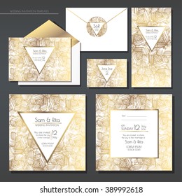 Set of gold and white wedding cards. Wedding invitations, envelope, sticker. EPS 10 vector illustration with a copy space.