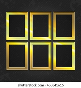 
Set of gold wooden frames. Wooden square picture frames of gold color set for your web design. Abstract colorful picture frames on vintage background. Vector set of yellow photo frames on the wall.