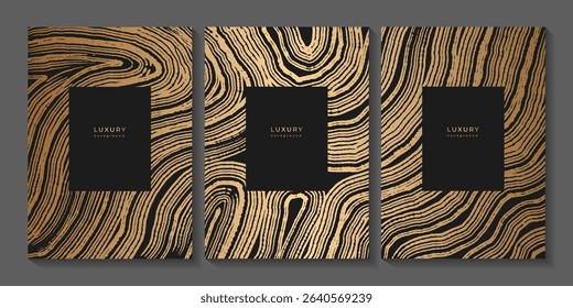 Set of gold wooden templates. Luxury gold background with wood annual rings texture. Banner with tree ring pattern. Stamp of tree trunk in section. Wooden concentric circles. Wave pattern