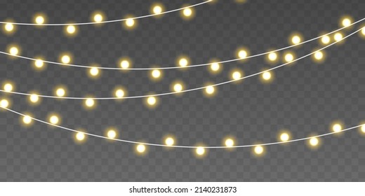 Set of gold xmas glowing garland with sparks. Yellow light bulbs with sparkles. Golden semitransparent new year lights decoration. Christmas, wedding or Birthday decor. Led neon lamp. Vector