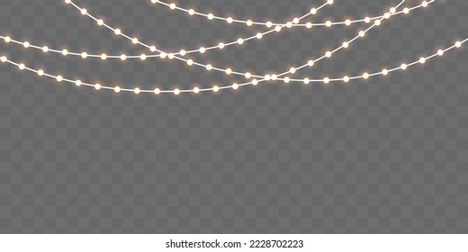 Set of gold xmas glowing garland with sparks. Golden semitransparent new year lights decoration. Yellow light bulbs with sparkles. Led neon lamp. Christmas, wedding or Birthday decor. Vector